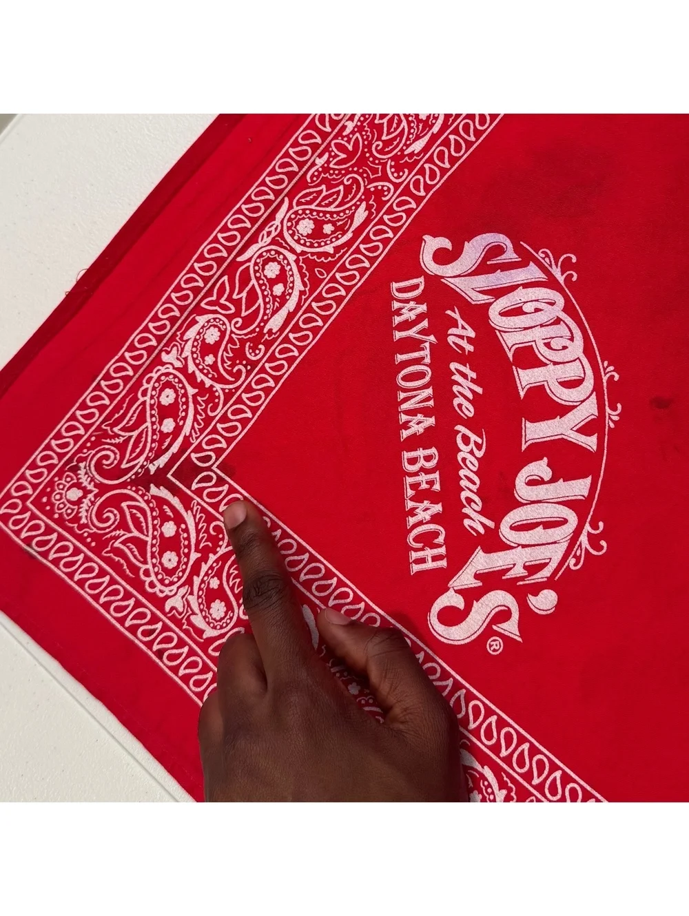 Y2K Red Bandana Sloppy Joes Daytona Beach Paisley Handkerchief Distressed